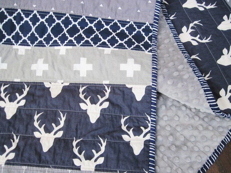 Woodland Baby Quilt Navy Blue Baby Blanket Deer Quilt Navy Etsy