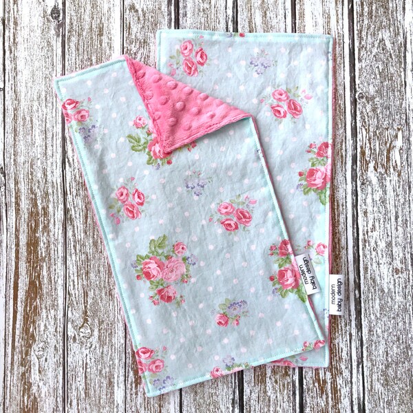 Two Pink and Blue Floral Baby Burp Cloths, Baby Girl Flower Burp Cloth, Pink Minky Baby Burp Cloth