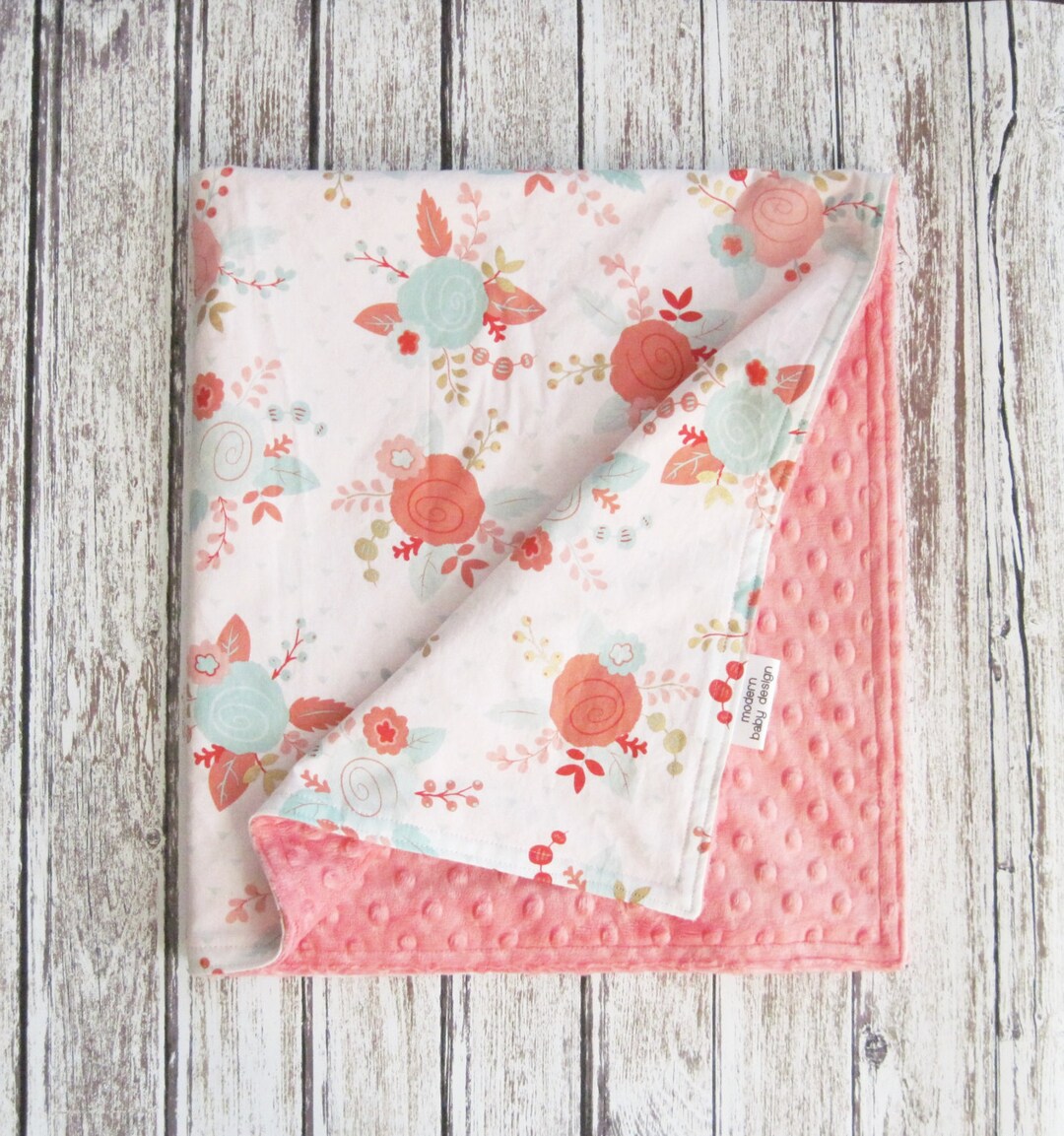 Coral Floral Baby Blanket White and Coral Baby Blanket Minky Etsy