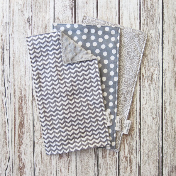 Three Burp Cloth Set, Gray and White, Chevron, Polka Dot, Medallion for Baby Boy or Baby Girl