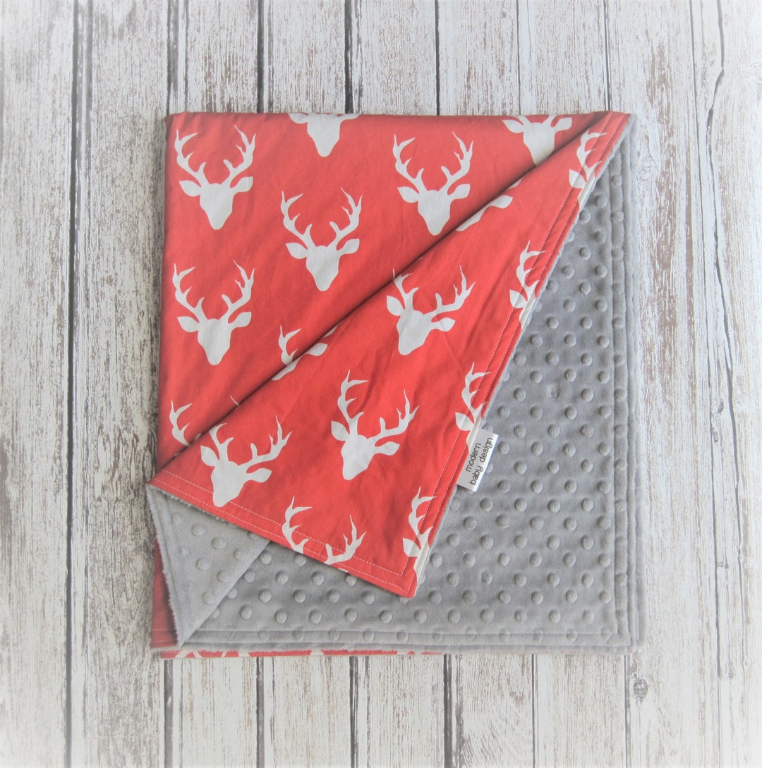 Red and Gray Deer Baby Blanket Buck Forest Carmine Minky Baby Etsy