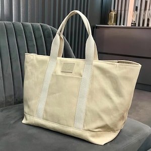 Cotton Zipper Tote Bag with Pockets | Beige & Olive Canvas Shoulder Bag | Large Everyday Tote Purse | Travel Work Bag for Women