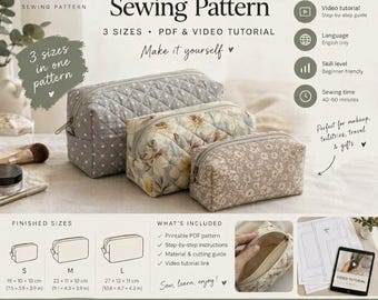 May include: A digital sewing pattern for three sizes of zipper pouches, featuring text including Zipper Pouch Sewing Pattern, 3 sizes in one pattern, and finished sizes ranging from 19 x 10 x 10 cm to 27 x 12 x 11 cm, shown with three quilted pouches.