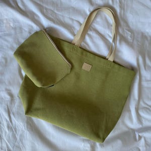Olivgrüner Canvas Set Strandtasche & Kosmetiktasche, Handgemachte beige Strandtasche als Muttertagsgeschenk, Geschenk für Mama, Sommer Strandtasche