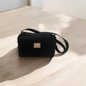 Soft Black Teddy Fur Cross Body Bag, Cozy Shoulder Purse, Shoulder cross body