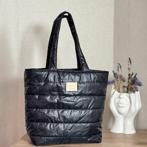 Schwarz Beige gesteppte Kugelfisch Tragetasche - Stilvolle & praktische Lässige Handtasche, Geschenkidee, Geschenk für sie, Schwarze Frau Lässige Alltags-Einkaufstasche