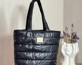 Black Beige Quilted Puffer Tote Bag – Stylish & Practical Casual Handbag, Gift idea, Gift for her, Black woman Casual everyday tote bag