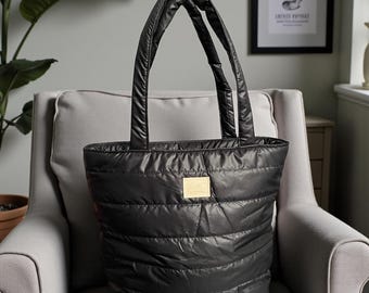 Puffer Tote Bag, Quilted Shoulder Bag, Lightweight Everyday Bag with Pockets, Water Resistant Tote, Minimalist City Bag
