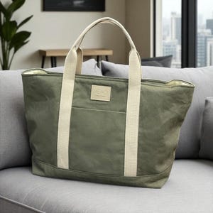 Sac fourre-tout en coton à fermeture éclair avec poches | porté épaule en toile beige et olive | Grand sac à main fourre-tout de tous les jours | Sac de travail de voyage pour femme