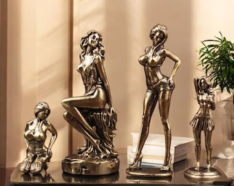Brass Female Figurine Statue Modern Desk Decor Elegant Office Shelf Ornament | Metal Body Art Sculpture | Feminine Beauty Decor Ornament