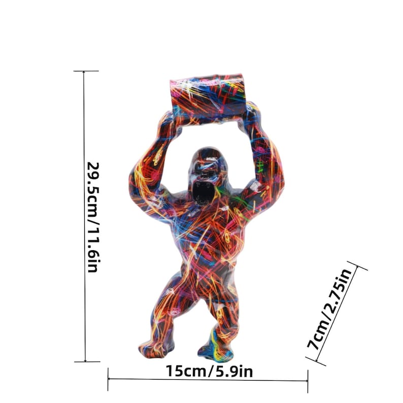 May include: A gorilla figurine with a multi-colored abstract paint splatter pattern, holding a rectangular object overhead. Dimensions are 11.6 inches in height, 5.9 inches in width, and 2.75 inches in depth as indicated by the text.