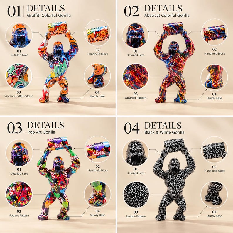 May include: Four gorilla figurines shown in a grid, each holding a rectangular block overhead. The first features graffiti patterns, the second has abstract colorful streaks, the third displays pop art designs with the word LOVE, and the fourth is black and white.