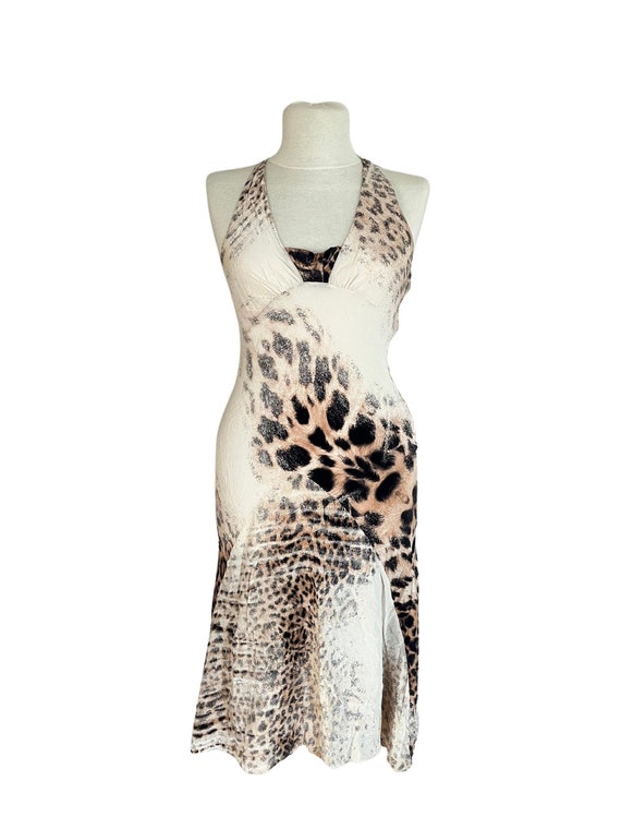 Robe Roberto Cavalli Imprimée Marron/beige/blanc - Taille 42, Manches 3/4, Très Bon état