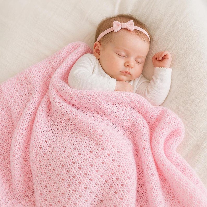 May include: A sleeping baby wrapped in a soft, light pink knitted blanket. The baby wears a white long-sleeved onesie and a pink headband with a bow. The blanket has a delicate openwork pattern.