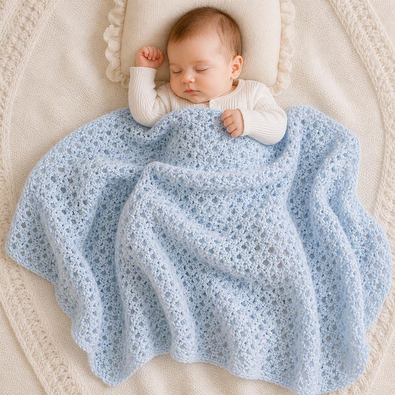 May include: A sleeping baby is nestled under a light blue, open-weave crochet blanket. The blanket has a scalloped edge and covers the baby, who is wearing a white long-sleeved shirt. The baby rests on a cream-colored pillow and blanket.