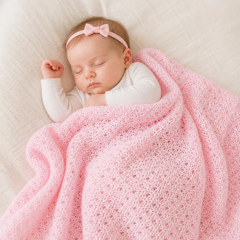 May include: A sleeping baby wrapped in a soft, pink, open-weave blanket. The baby wears a white long-sleeved onesie and a pink headband with a bow. The blanket is draped over the baby, creating a cozy and comforting scene.