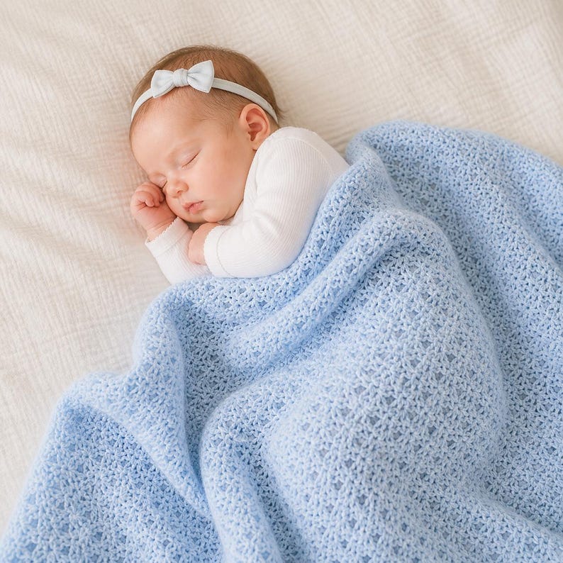 May include: A sleeping baby wearing a white onesie and a light blue bow headband. The baby is covered with a light blue, open-weave blanket. The blanket has a textured appearance and is draped over a white surface.