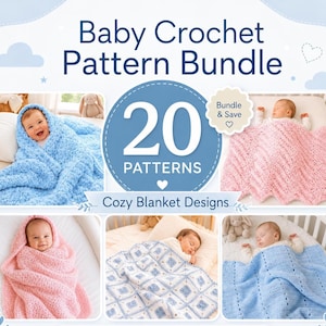 Może przedstawiać: Cyfrowa grafika zatytułowana Baby Crochet Pattern Bundle zawierająca 20 wzorów na przytulne kocyki. Obraz przedstawia pięć zdjęć niemowląt owiniętych w różne szydełkowe kocyki w odcieniach niebieskiego, różowego i białego.