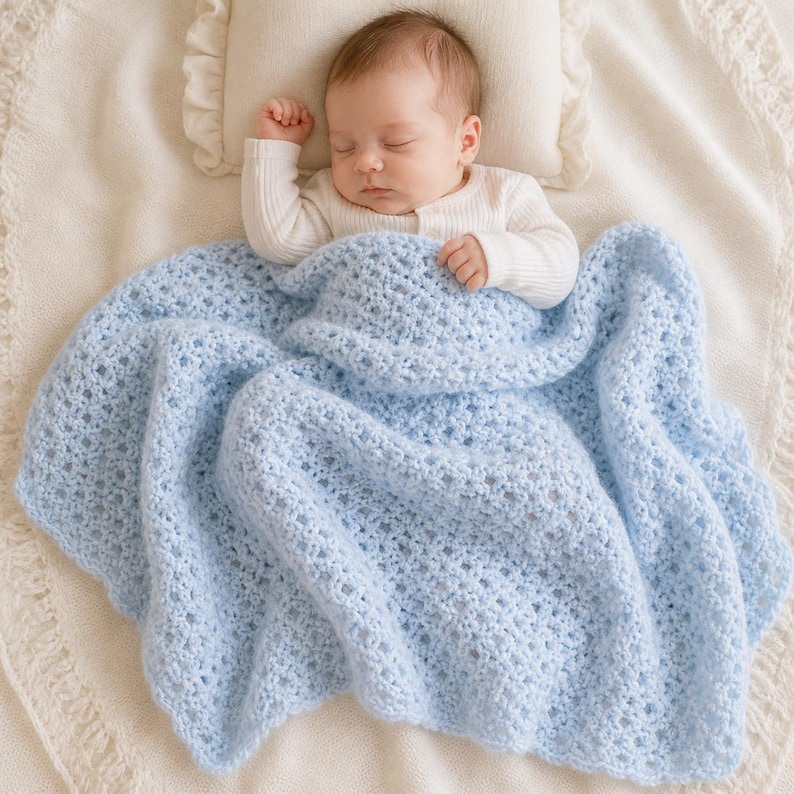 May include: A sleeping baby is nestled under a light blue crocheted blanket. The baby is wearing a white long-sleeved shirt and resting on a cream-colored pillow. The blanket has a delicate, open weave pattern.