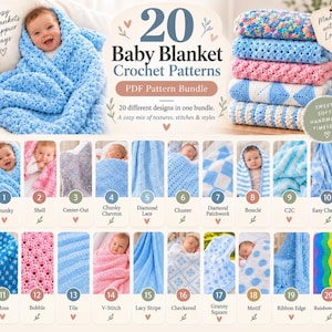 Può includere: Un pacchetto di modelli PDF digitali con 20 design di coperte per neonati all'uncinetto. L'immagine mostra una pila di cinque coperte colorate e una griglia di 20 miniature numerate che mostrano varie texture, punti e motivi in blu e rosa.