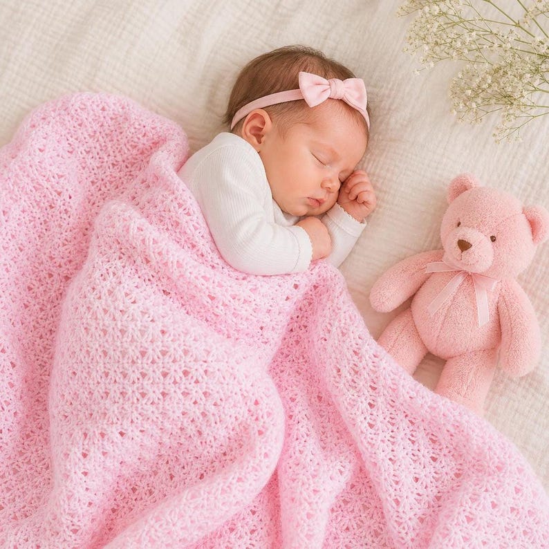May include: A sleeping baby wearing a pink bow headband and a white long-sleeved shirt, wrapped in a pink crocheted blanket. A pink teddy bear with a ribbon is next to the baby. The scene is set on a white surface.
