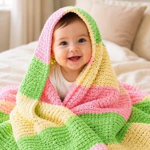 Modello facile per copertina da neonato da lavorare a maglia, regalo per baby shower con filato a pon pon in formato PDF, copertina per neonato a righe larghe per principianti, tutorial veloce digitale