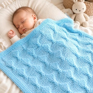 May include: A sleeping baby is nestled under a light blue knitted blanket with a diamond pattern. The blanket is soft and cozy, perfect for a newborn. A stuffed bunny sits nearby.