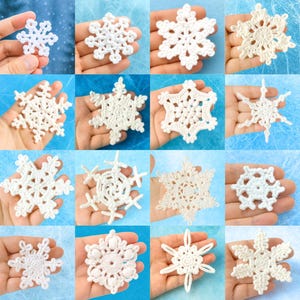 Può includere: Una collezione di sedici fiocchi di neve bianchi all'uncinetto in vari disegni. Ogni fiocco di neve è tenuto in mano su uno sfondo blu e bianco. I fiocchi di neve sono dettagliati e delicati, con un tema invernale.