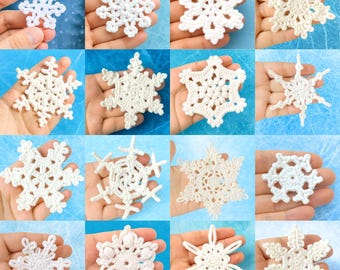 May include: A collection of sixteen white crocheted snowflakes in various designs. Each snowflake is held in a hand against a blue and white background. The snowflakes are detailed and delicate, showcasing a winter theme.