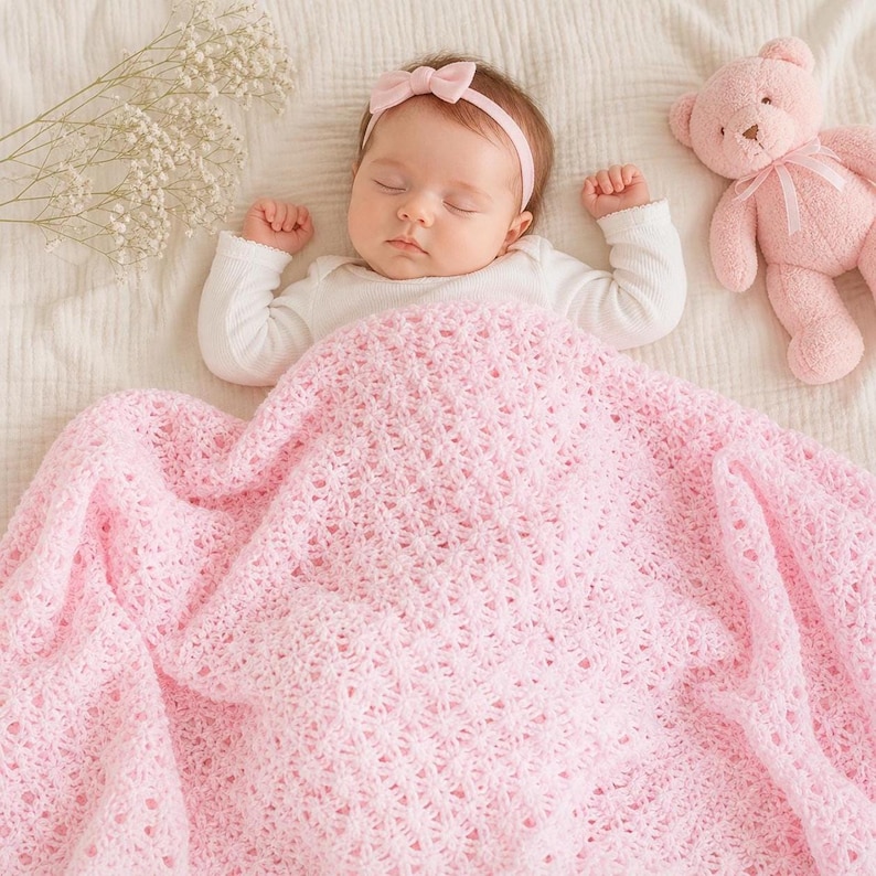 May include: A sleeping baby wearing a pink bow headband and white onesie is covered with a pink crocheted blanket. A pink teddy bear is next to the baby. Baby's nursery decor.