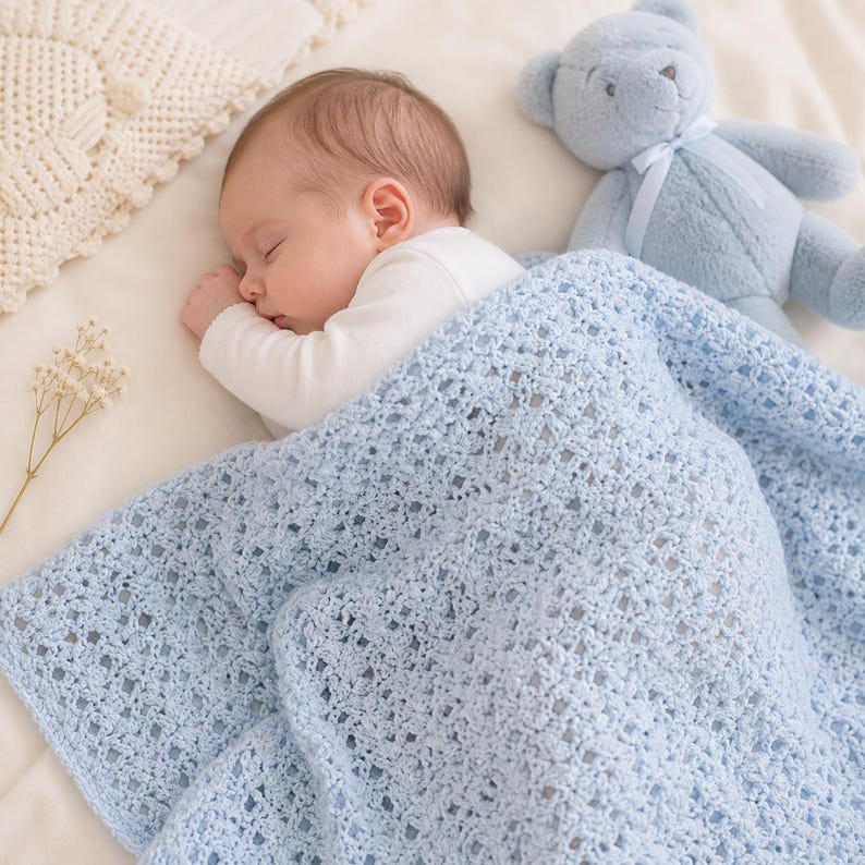 May include: A sleeping baby is nestled under a light blue crocheted blanket. A blue teddy bear with a ribbon sits nearby. The blanket has a delicate openwork pattern. The baby is wearing a white onesie. A sprig of dried flowers is on the left.