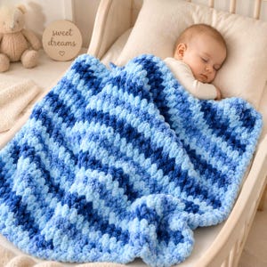 Chunky Striped Baby Blanket Pattern Retro Blue Easy Beginner Loop Yarn PDF, Plush Square Afghan Tutorial Digital Soft Newborn Gift