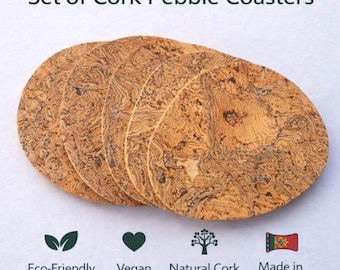 6X Natural Cork Pebble Coasters Eco Friendly Vegan Premium Quality.