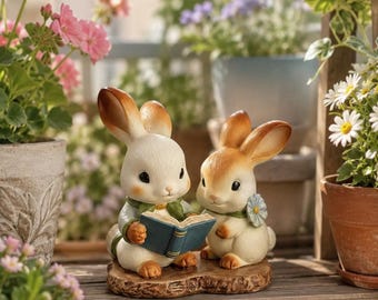 Reading Bunny Couple Figurine, Rabbit Book Lover Gift, Cottagecore Bookshelf Decor, Spring Garden Ornament, Easter Bunny Decor
