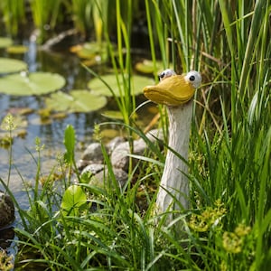 May include: A garden sculpture of a duck head and long neck emerging from tall green grass. The sculpture features a bright yellow beak, a textured white neck, and two prominent, wide-set eyes with black pupils, positioned near a pond.