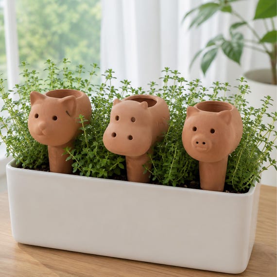 Terracotta Animal Plant Watering Spikes, Cute Self Watering Stakes for Indoor Plants, Pig Hippo Cat Pot Waterer, Houseplant Gift