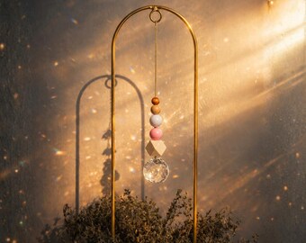 Plant Stake Suncatcher - Brass Arch Crystal Rainbow Maker, Wooden Bead Prism, Boho Garden Decor, Creative Potted Plant Stake Gift