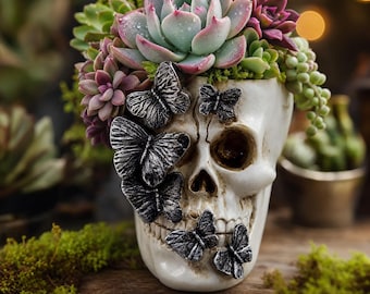 Skull Succulent Planter with Butterflies, Gothic Halloween Plant Pot, Spooky Garden Decor, Small Ceramic Cactus Pot