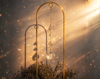 Crystal Plant Suncatcher Stake, Brass Arch Light Catcher for Houseplants, Rainbow Prism Plant Gift, Witchy Garden Decor