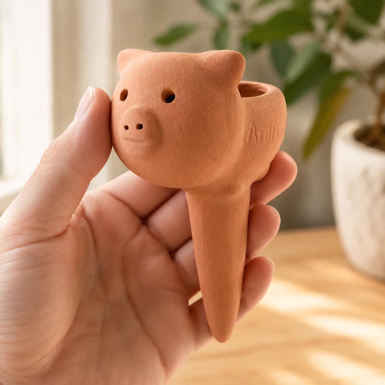 May include: A terracotta plant watering spike shaped like a pig head with a pointed bottom stake. The pig features two eyes, a snout with two nostrils, and two ears. The word "Animal" is embossed on the side of the terracotta surface.