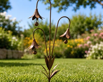 Metal Flower Wind Bell Stake, Rustic Garden Yard Art, Bluebell Chime Decor