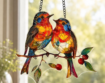 Bird Window Suncatcher, Acrylic Stained Glass Style Bird Ornament, Hanging Hummingbird or Lovebirds Decor, Nature Gift for Bird Lover
