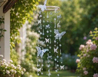 Butterfly Crystal Suncatcher Wind Chime, Clear Beaded Window Hanging, Garden Patio Sun Catcher, Nursery Room Decor, Plant Lover Gift