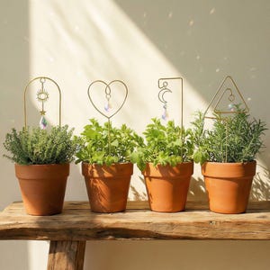 May include: Four terracotta pots filled with herbs sit on a wooden surface. Each pot features a decorative gold-colored plant stake with a different design: sun, heart, crescent moon, and triangle, each with a dangling crystal.