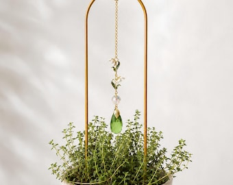 Lily of the Valley Crystal Plant Suncatcher Stake, Gold Arch Charm, Rainbow Maker Decor