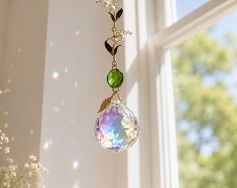 Crystal Plant Suncatcher Stake, Gold Arch Plant Charm, Lily of the Valley Window Crystal, Rainbow Maker Plant Decor Gift
