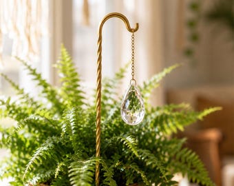Solid Brass Plant Suncatcher, Twisted Metal Plant Stake, Crystal Prism Rainbow Maker, Houseplant Jewelry Gift, Botanical Room Decor