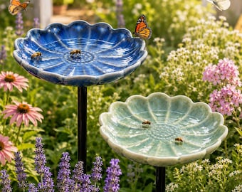 Ceramic Bee Watering Station, Lotus Flower Pollinator Garden Stake, Bee Bath for Garden