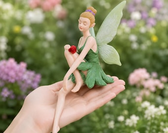 Seated Fairy Figurine for Planter Edge, Whimsical Plant Pot Hugger, Cottagecore Garden Decor, Green Winged Elf Statue, Plant Lover Gift