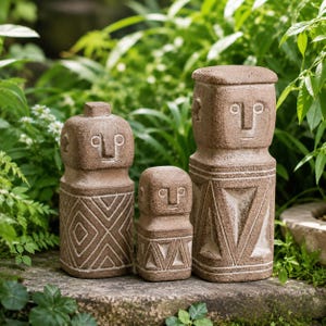Primitive Garden Statue Set, Faux Stone Garden Figurines, Small Cement Plant Pot Decor, Rustic Totem Shelf Decor